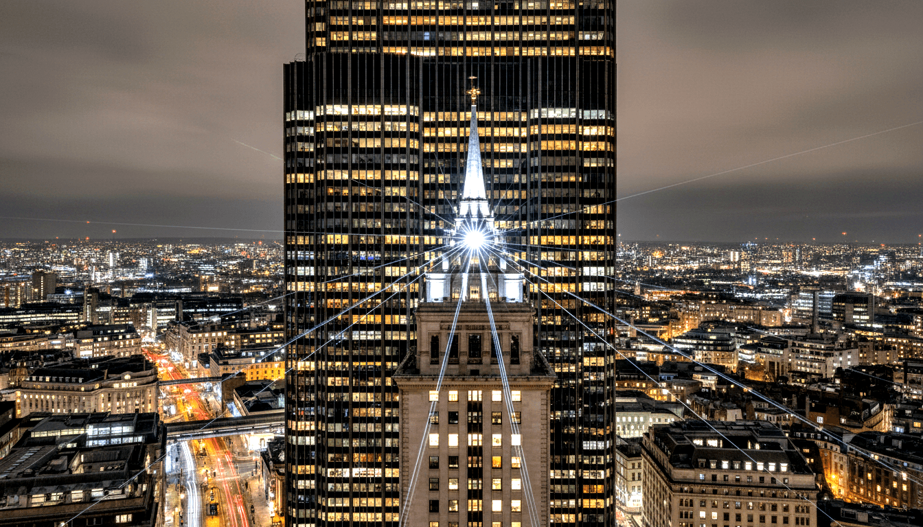 Glass skyscraper with amber-lit windows rises above an illuminated white church spire creating a starburst lens flare over a night cityscape.