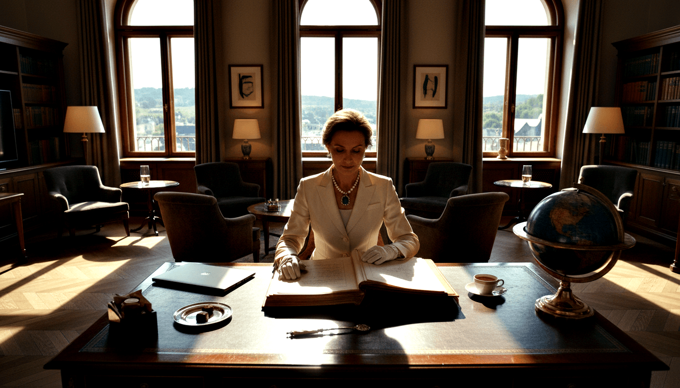 Woman in white blazer, gloves, and pearl necklace bows over open ledger at large executive desk with globe, laptop, and bookshelves.