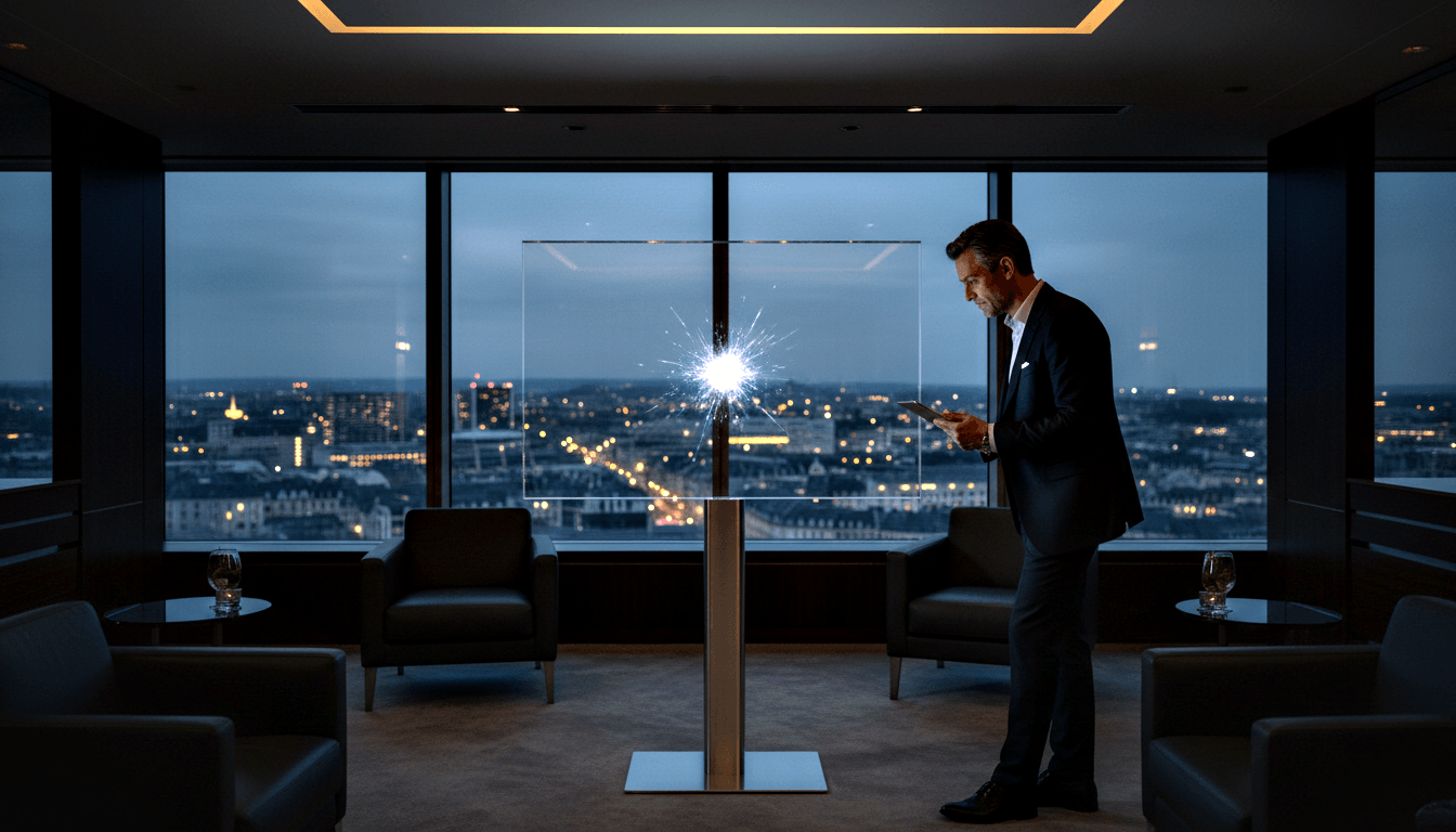 Man in navy suit looks at device beside glass panel with white starburst in dimly lit high-rise lounge at dusk.