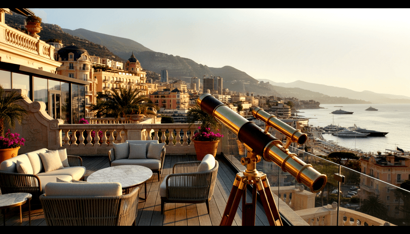 Terrace with cream seating, rope armchairs, brass telescope overlooking yacht marina and coastal city at golden hour.