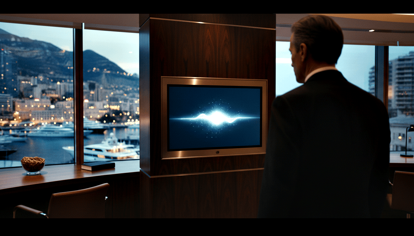Gray-haired man in dark suit faces wall-mounted TV with glowing waveform; dusk marina with yachts visible through tall windows.