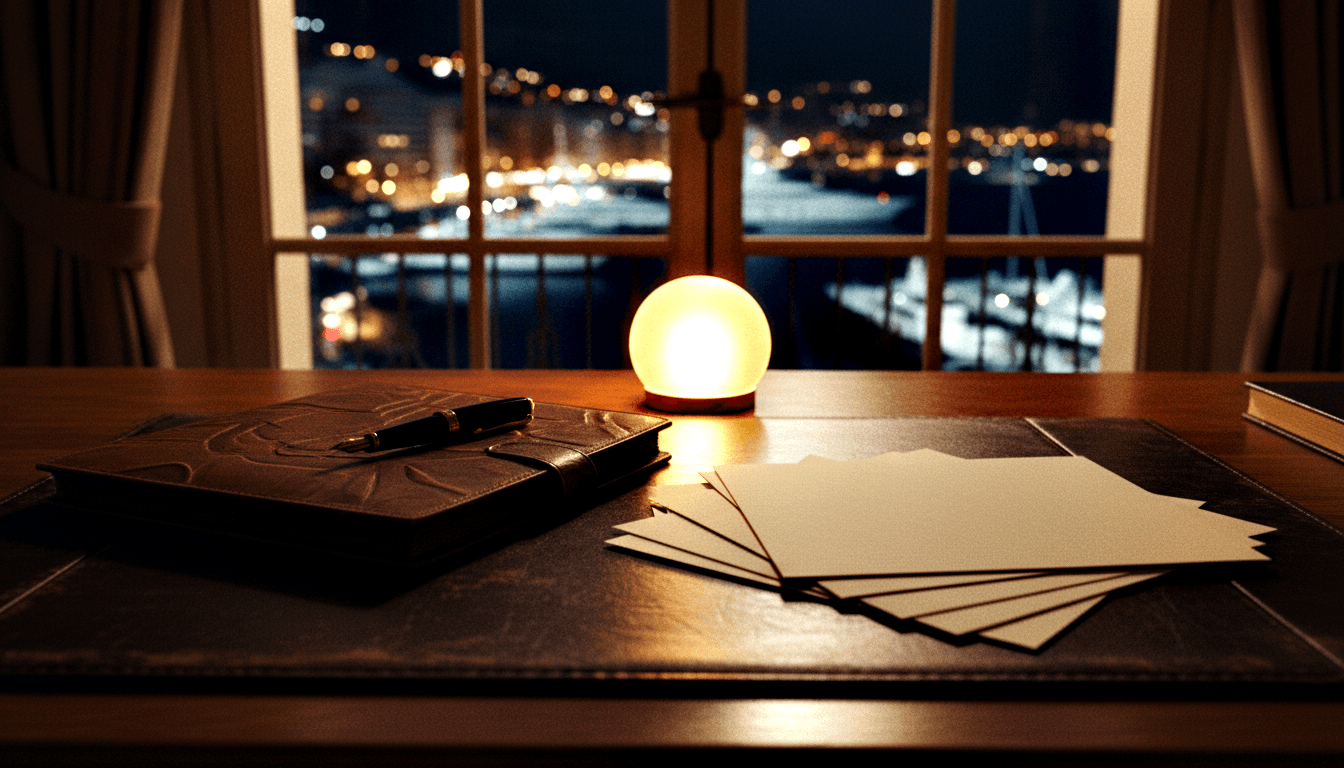 Wooden desk with cream papers, leather notebook, gold-accent fountain pen, amber orb lamp; curtained windows show bokeh night lights.