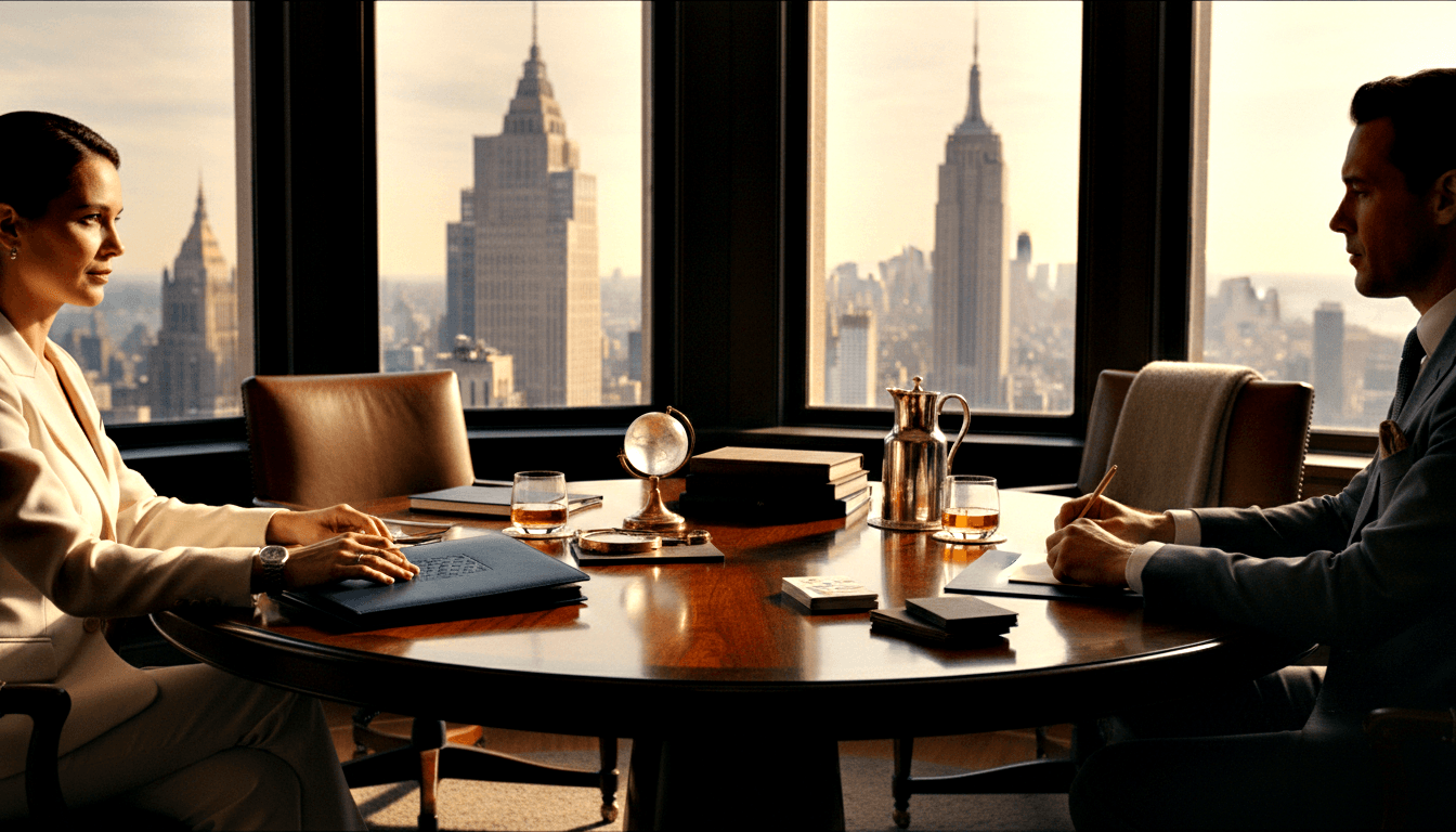 Two professionals at a round mahogany conference table with leather folders, a globe, silver pitcher, and amber drinks in a high-floor boardroom.