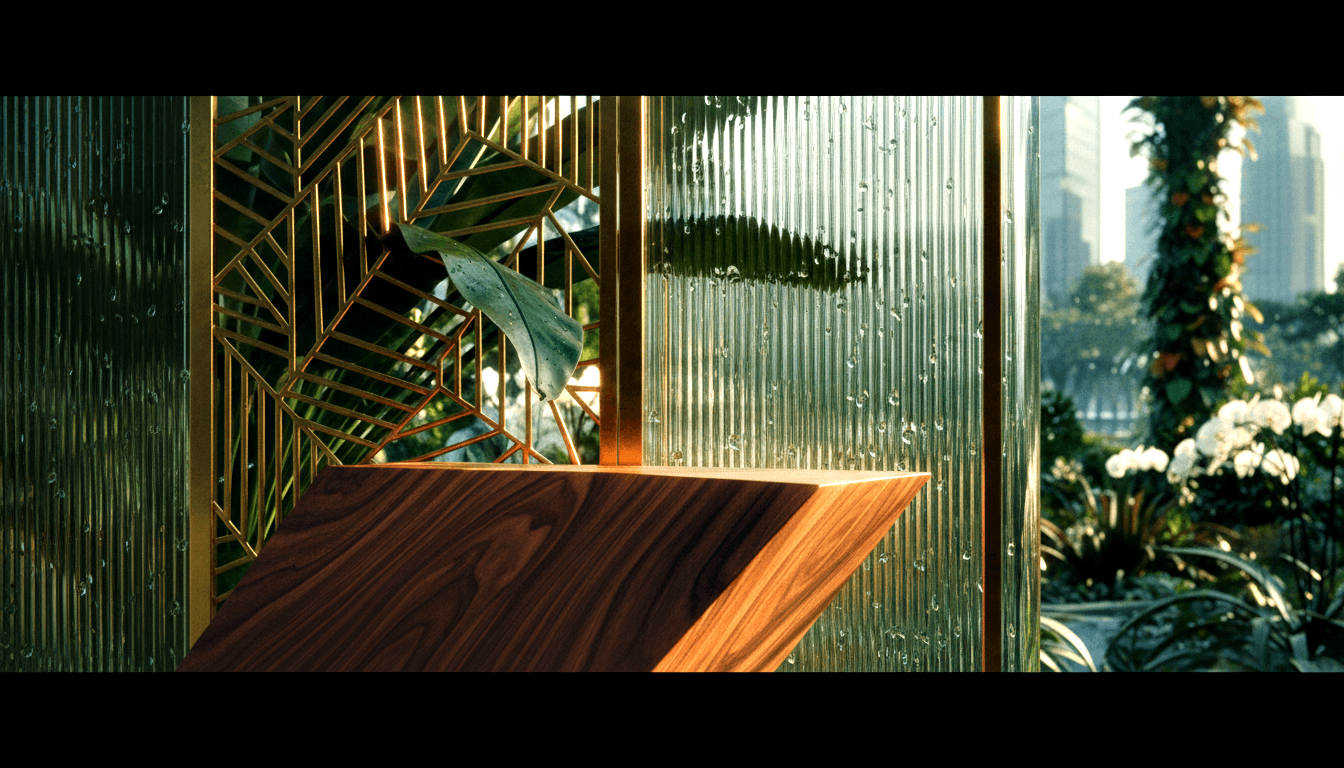 Walnut reception counter flanked by ribbed glass, gold hexagonal screen, tropical foliage, white orchids, blurred towers beyond.
