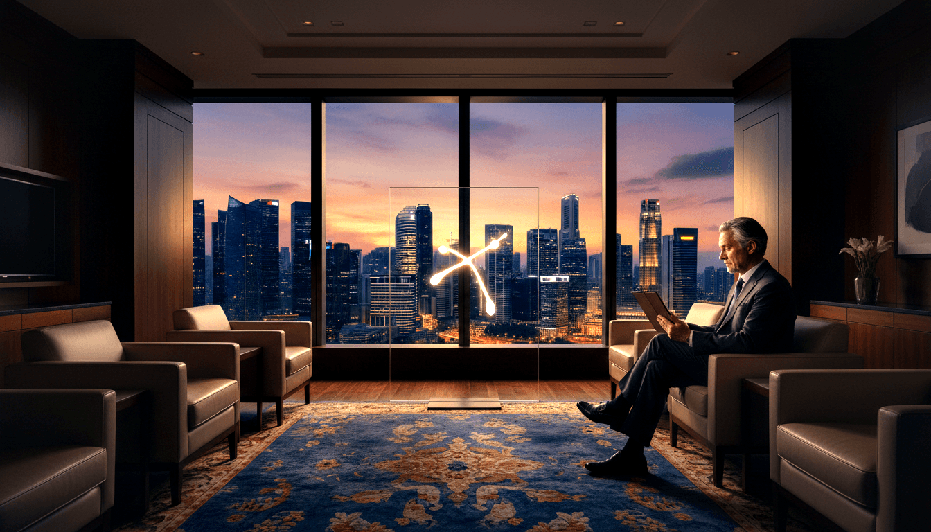 Man in dark suit reads tablet in armchair before floor-to-ceiling windows with dusk skyline; glowing white X on transparent panel.