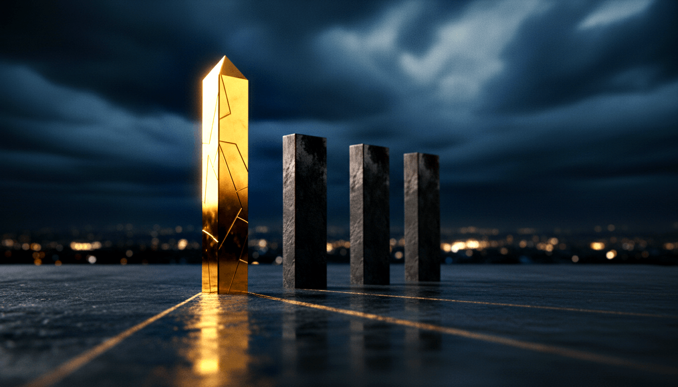 Glowing golden crystalline obelisk beside three dark charcoal columns on reflective floor, with blurred cityscape and deep-blue stormy sky.