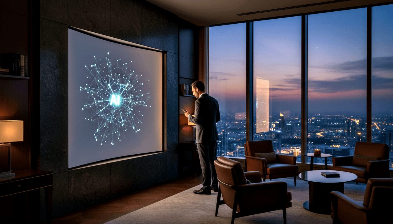 Man in dark suit faces wall-mounted screen showing neural network graphic with 'AI' at center, wood-paneled room, night cityscape.