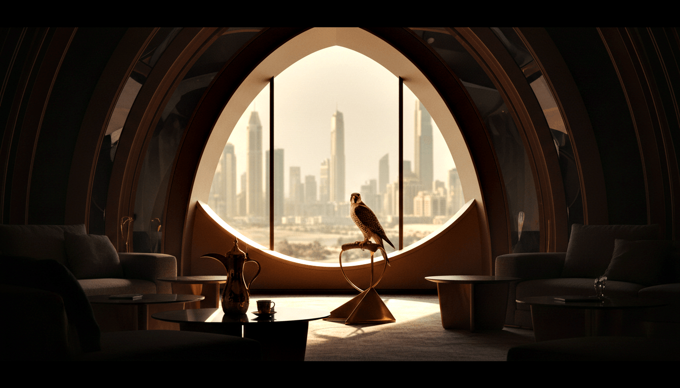 Falcon perched on a gold geometric falconry stand inside a dim room with a hazy city skyline visible through a floor-to-ceiling window.