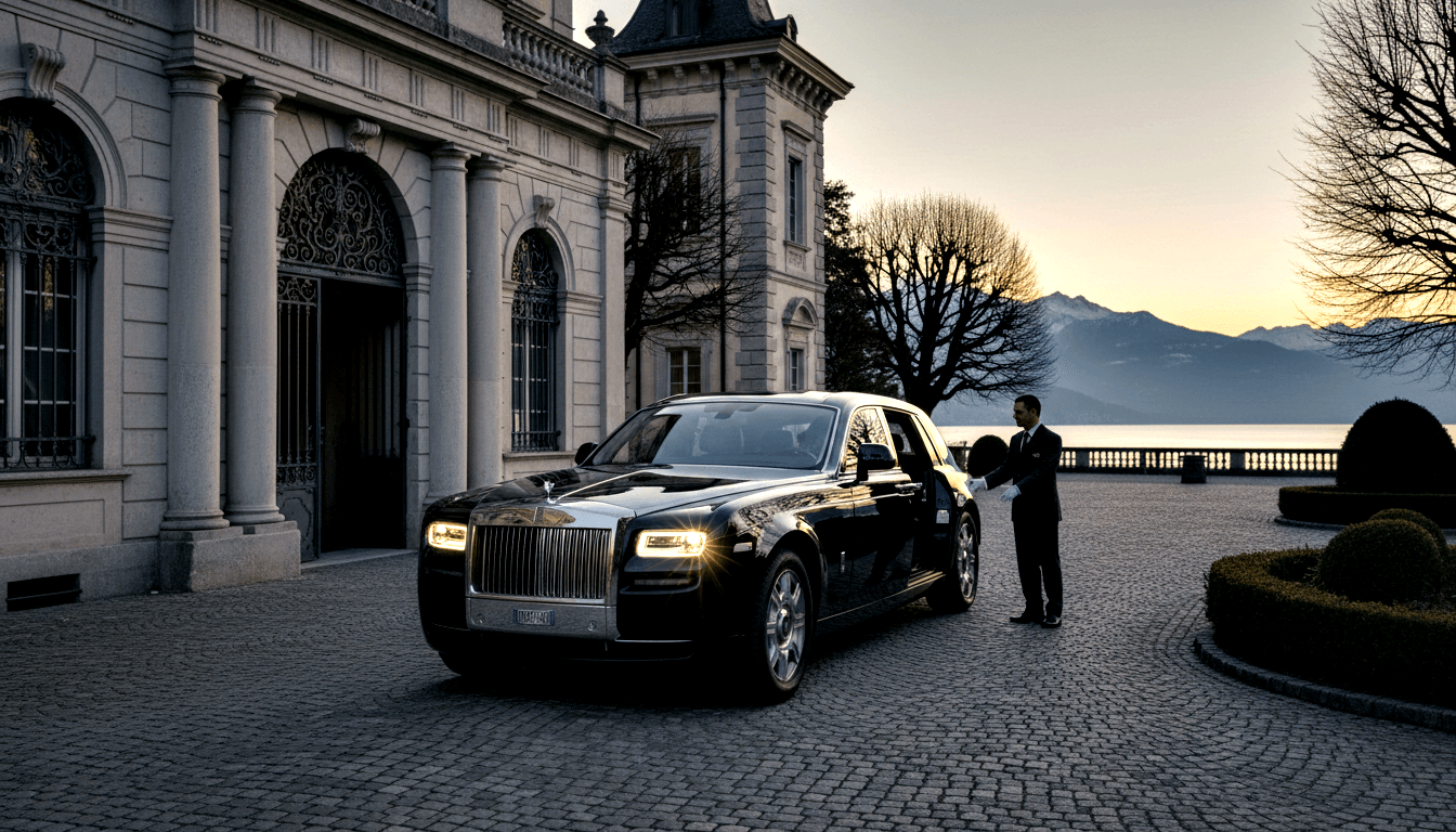 Black luxury sedan with glowing amber headlights on cobblestone forecourt at dusk, uniformed man in white gloves at rear passenger door.
