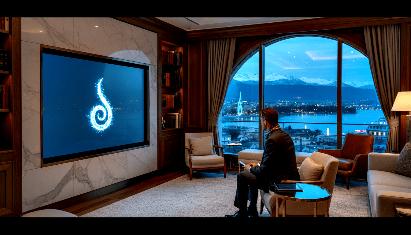 Man in dark suit seated in cream chair, wood-paneled room, cyan spiral on screen, arched window with nighttime lakeside cityscape.