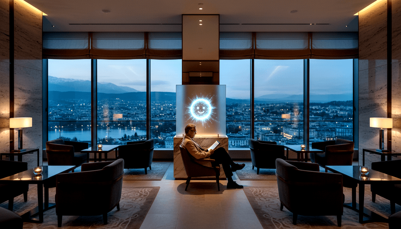 Man in tan blazer reads in dark armchair; lounge with city/lake/mountain view and cyan sphere on marble pedestal.
