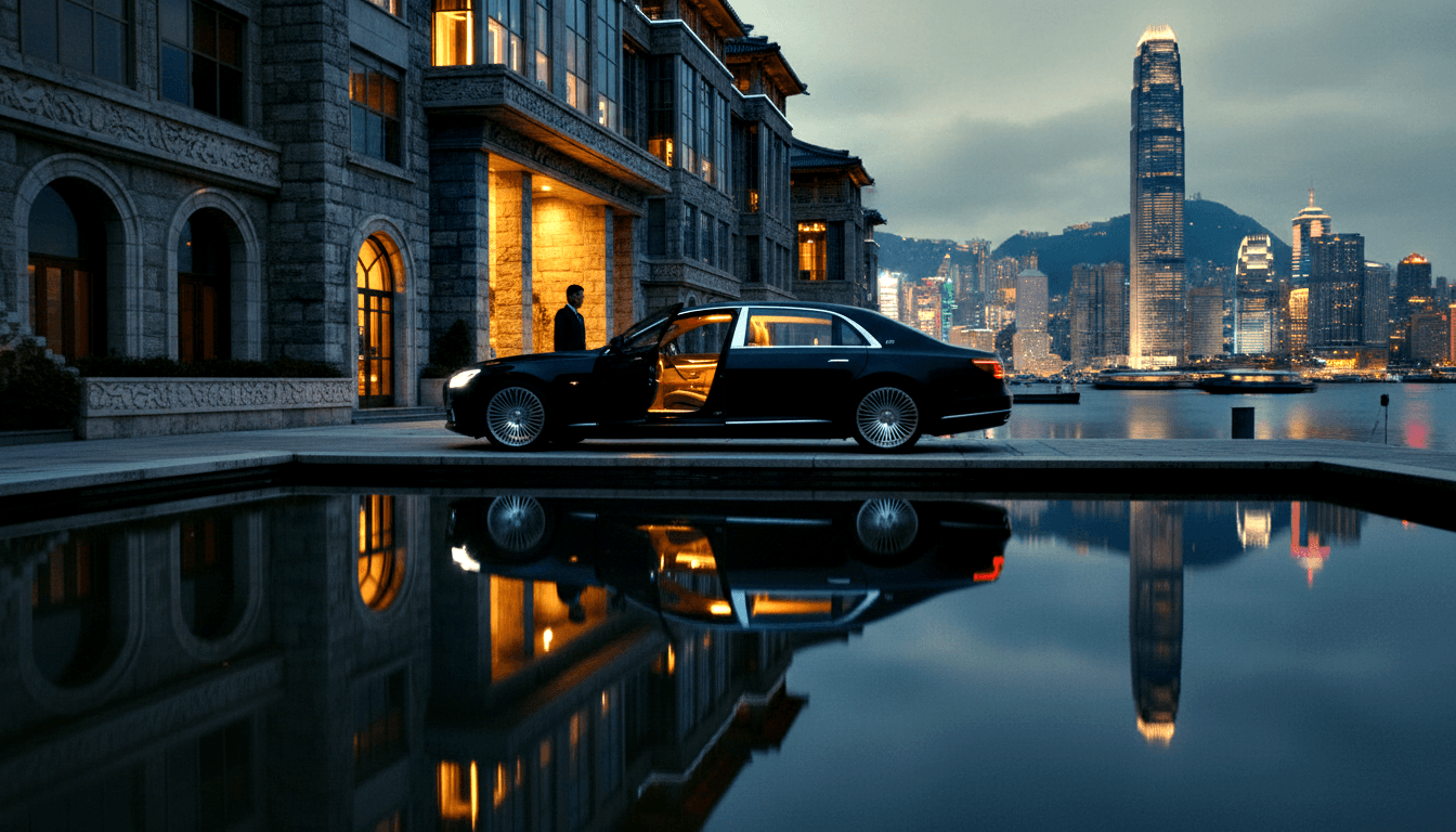 Black long-wheelbase sedan with rear door open beside an ornate stone building at dusk, reflective pool mirroring the car and skyline beyond.