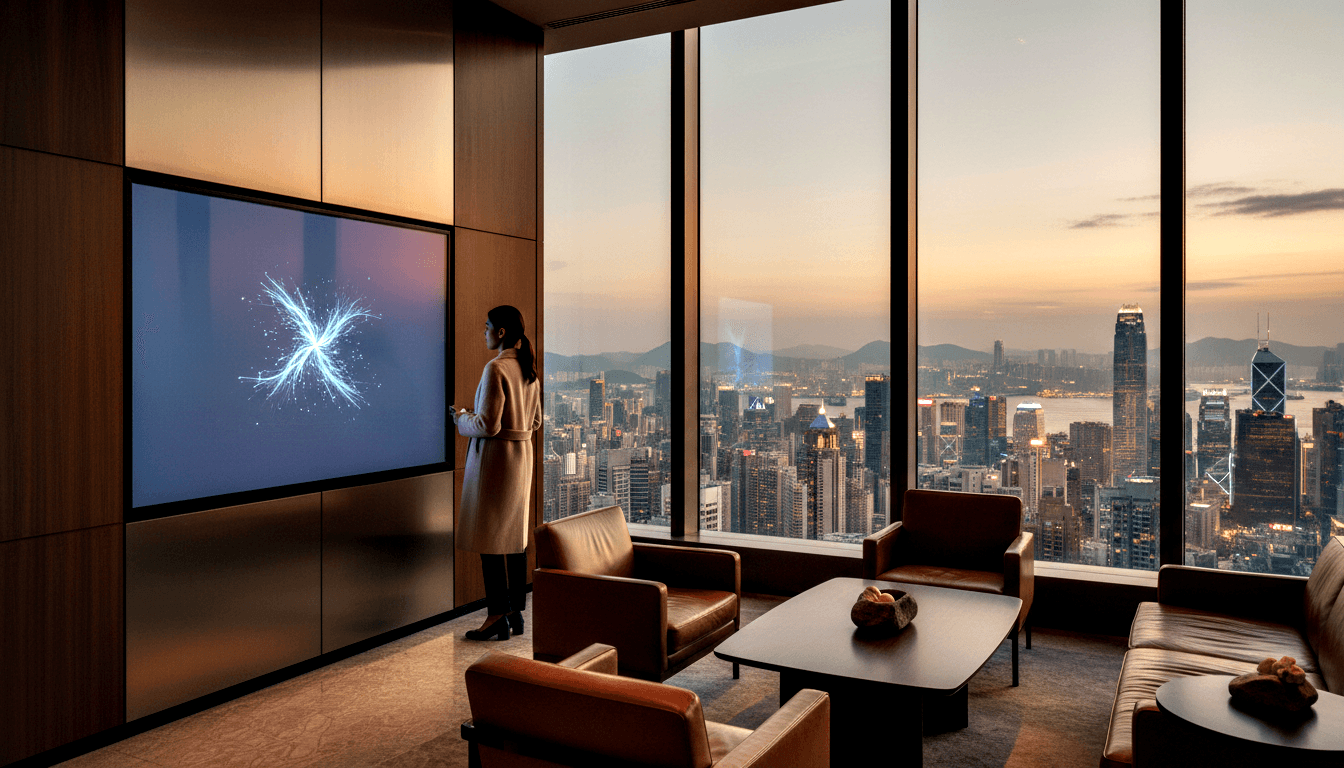 Woman in cream coat faces wall screen with blue graphic; floor-to-ceiling windows show harbor, skyline, mountains at dusk.