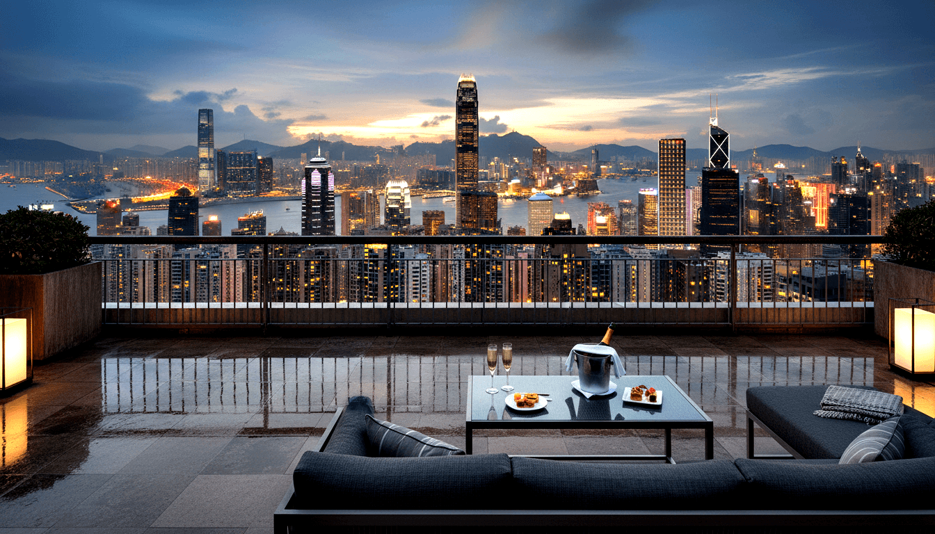 Rooftop terrace at dusk with gray sectional sofa, glass coffee table with ice bucket, champagne flutes, and city skyline beyond a harbor.