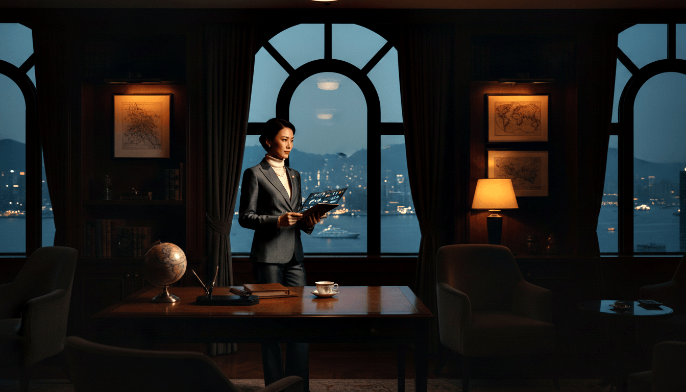 Middle-aged woman in charcoal blazer and pearl necklace holding a tablet in a wood-paneled study with a nighttime harbor view.