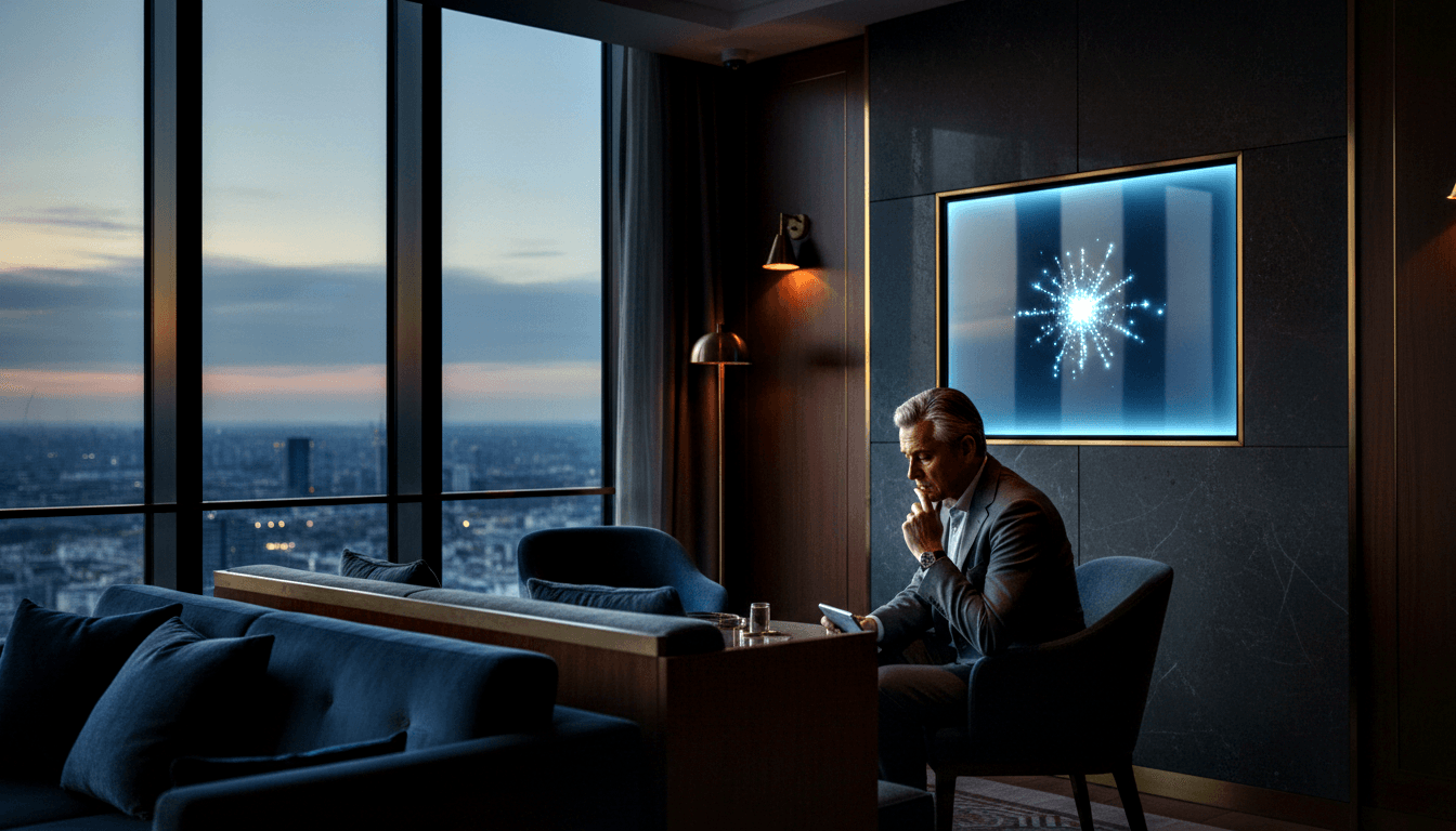 Gray-haired man in dark gray suit sits pensively at a low table in a dimly lit high-rise room with floor-to-ceiling twilight cityscape windows.