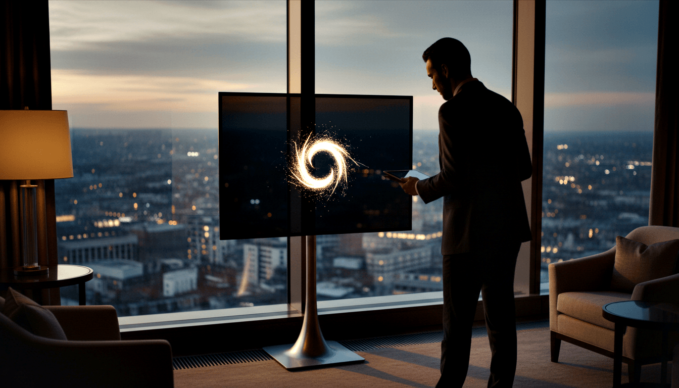 Dark-suited figure holds device beside pedestal screen with glowing amber spiral; twilight city skyline visible through tall windows.