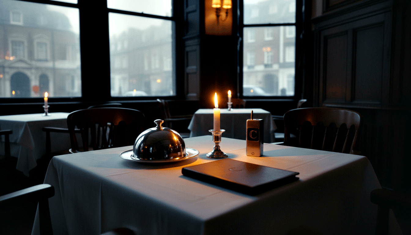 Formally set restaurant table with silver cloche, lit taper candle in silver candlestick, dark leather folio, and small metallic device.