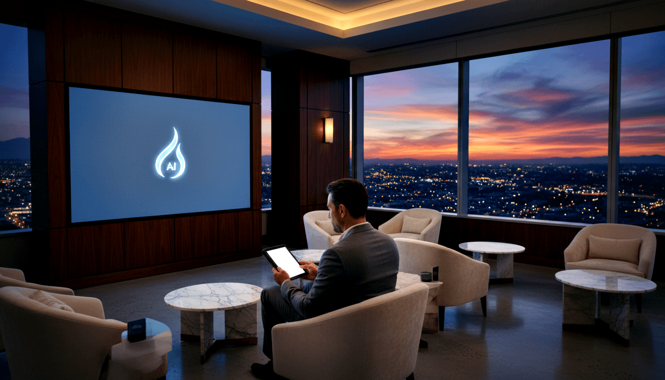 Man in dark gray suit sits in cream armchair from behind, holding glowing tablet, facing a screen with flame-droplet logo and 'AI' text.