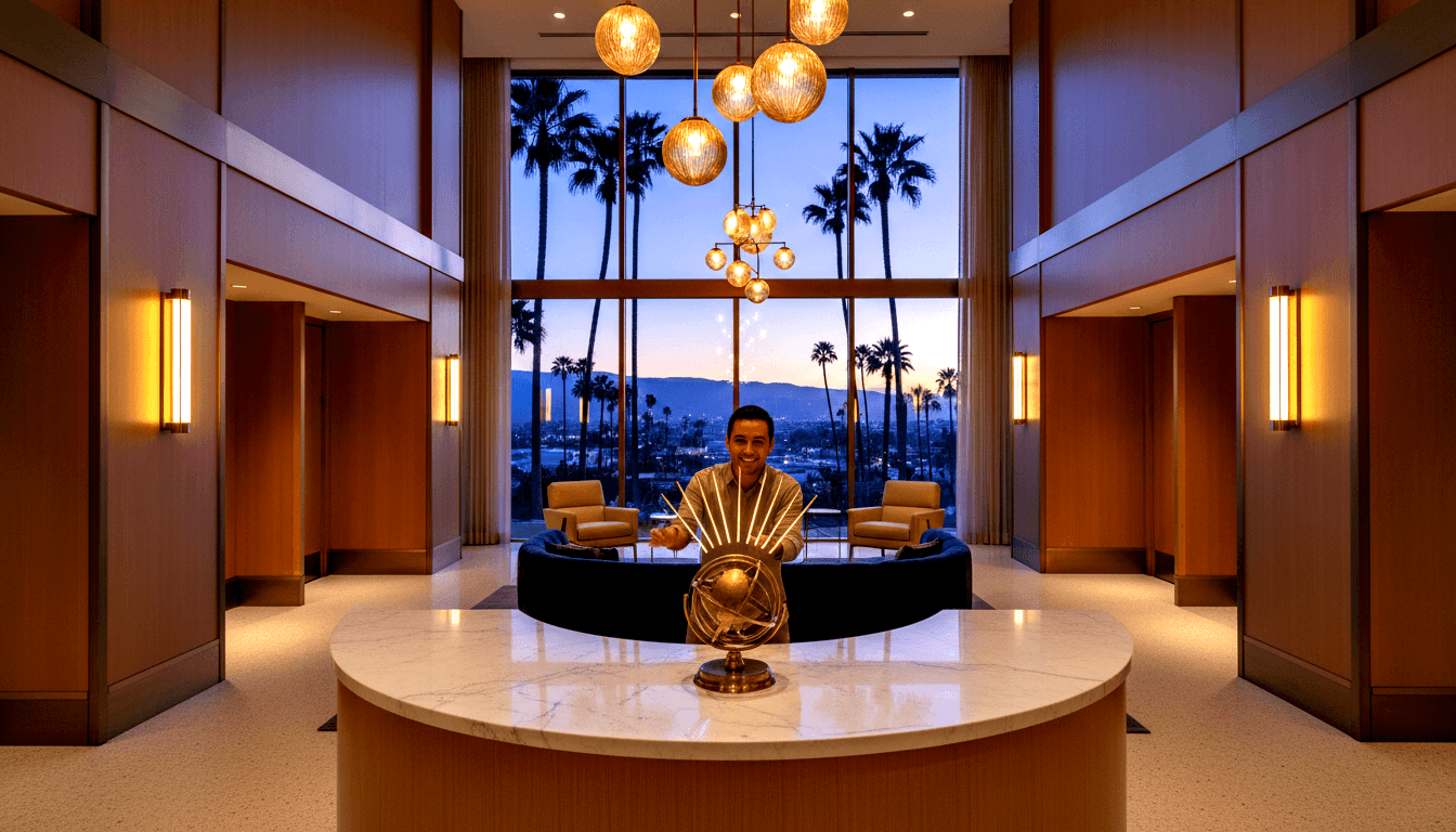 Smiling receptionist behind circular white stone desk with brass armillary sphere in a wood-paneled lobby with glass rear wall.