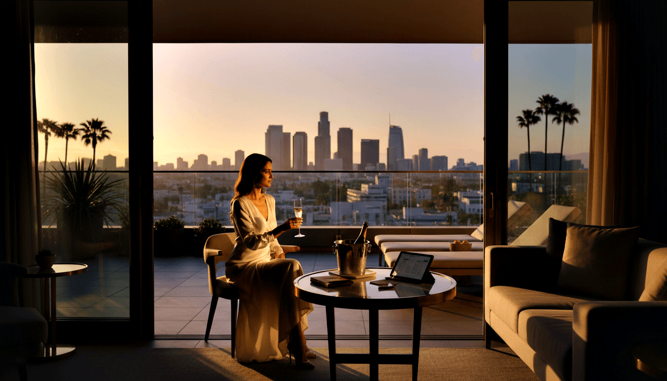 Woman in ivory outfit sits in profile on high-rise terrace holding champagne flute, with bottle in ice bucket beside her and sunset skyline.
