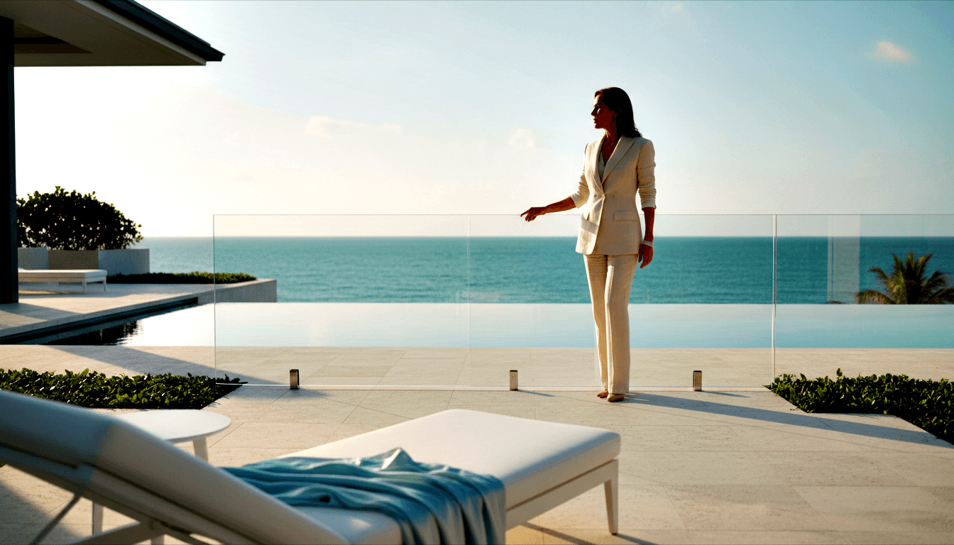 Dark-haired woman in cream pantsuit stands in profile on stone terrace, arm extended toward ocean horizon beyond an infinity pool.