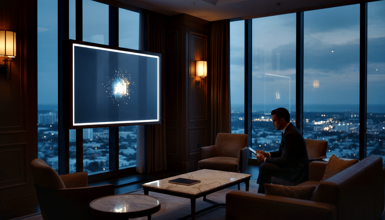 Man in dark suit on sofa holds tablet; glowing starburst on wall display; city dusk view through floor-to-ceiling windows.