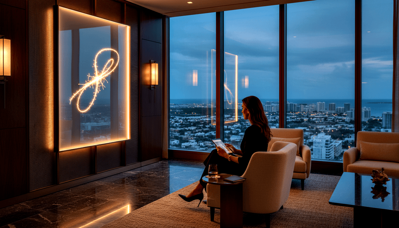 Woman in black outfit sits in cream armchair holding a tablet, facing floor-to-ceiling windows overlooking a coastal city skyline at twilight.