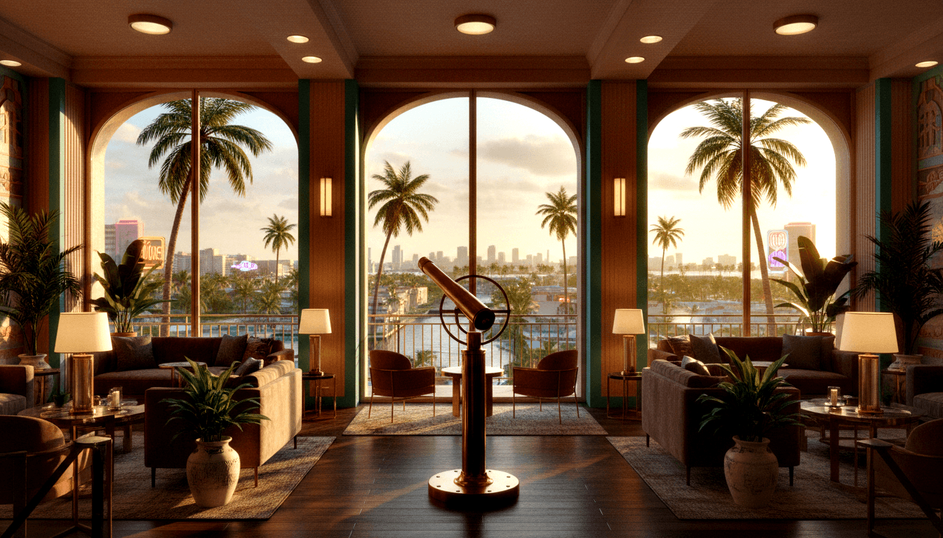 CGI lounge with brass telescope on pedestal, dark sofas, brass lamps, and three arched windows framing a golden-sunset waterfront with palms.