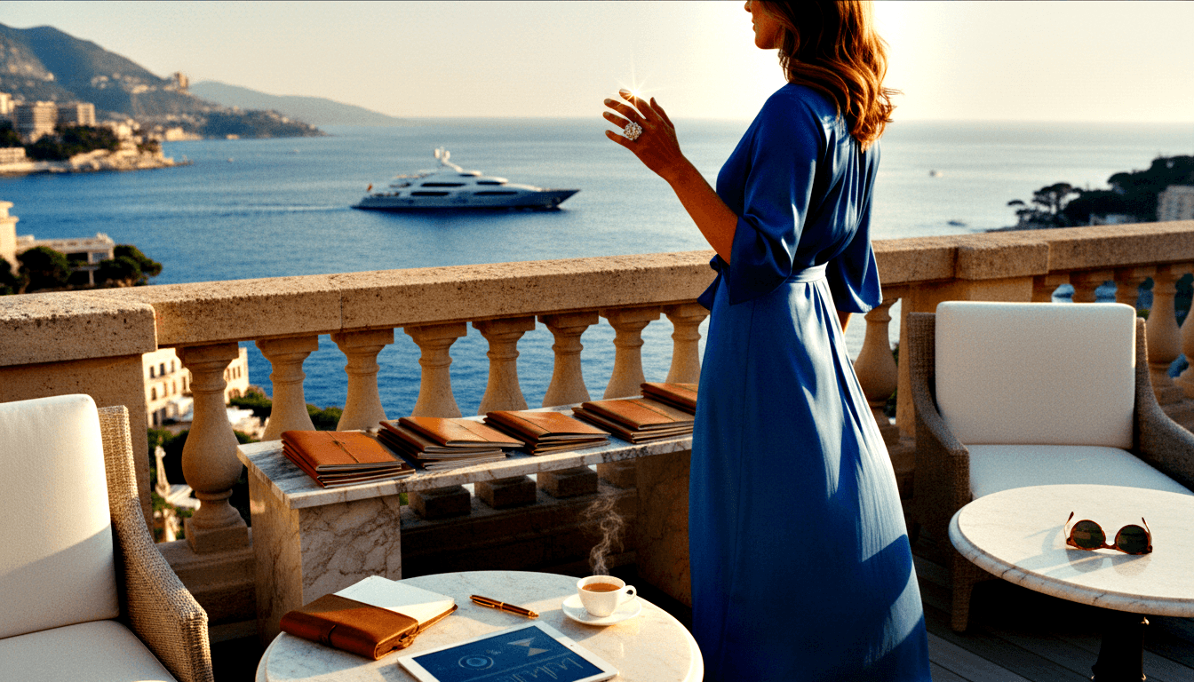 Woman in cobalt blue maxi dress on stone terrace gazes at bay with superyacht; marble table holds espresso, journal, gold pen, tablet.