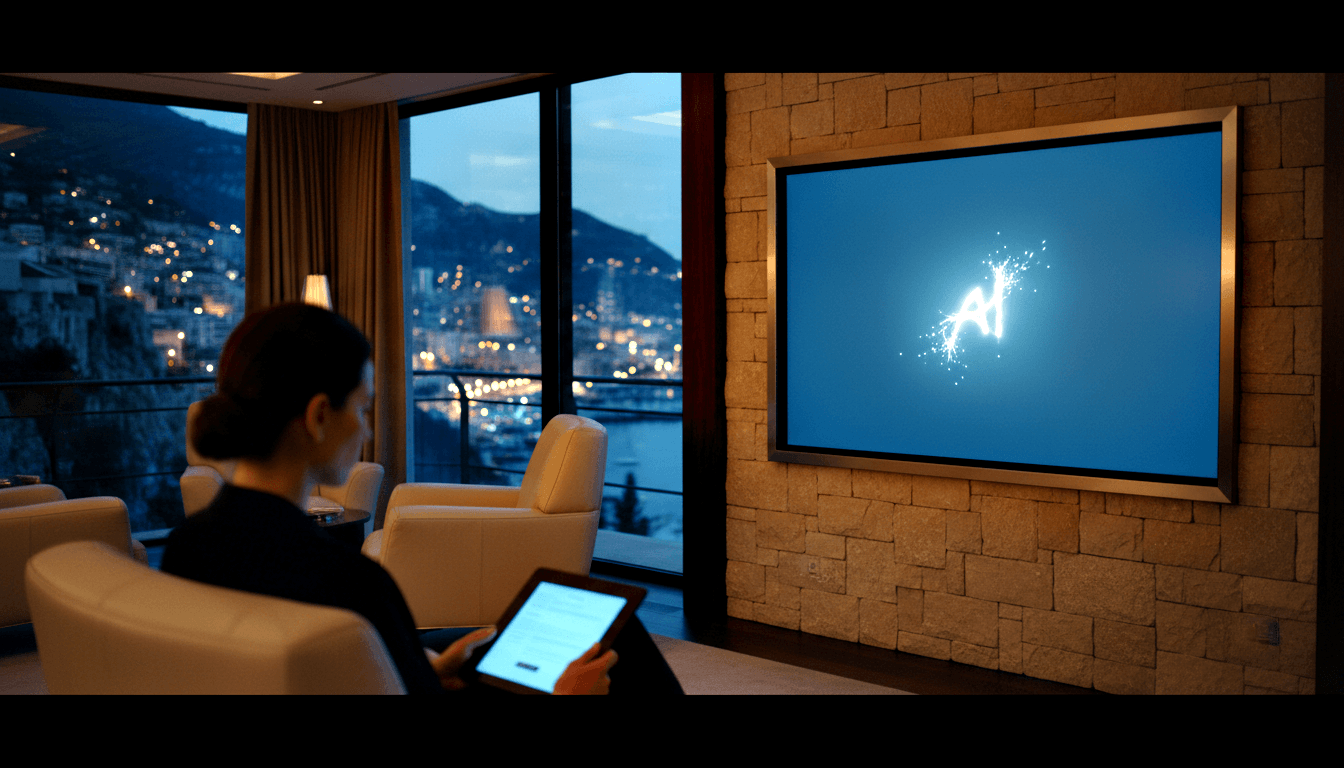 Woman in black top holds glowing tablet in cream armchair; silver-framed TV on stone wall; nighttime coastal cityscape beyond.