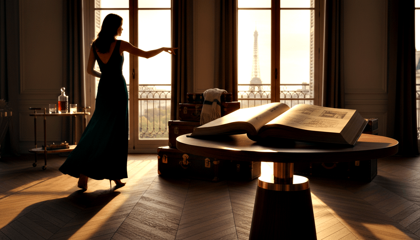 Woman in floor-length teal gown facing tall French windows with golden light; iron tower outside, herringbone floor, open tome on pedestal table.