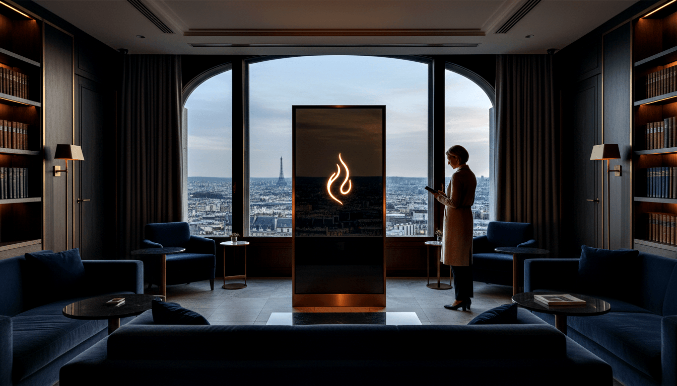 Dark lounge with navy sofas, black kiosk displaying amber flame logo, and woman in camel coat standing beside it.