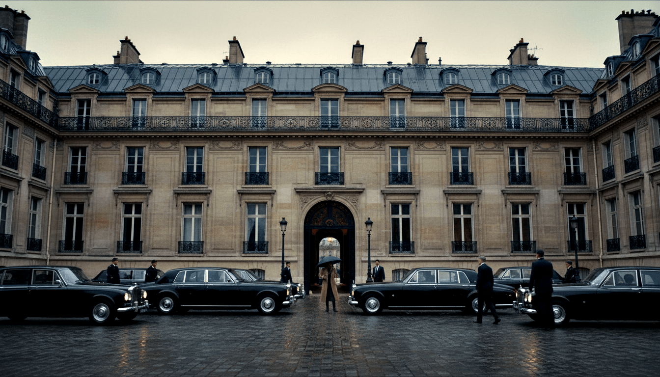 Neoclassical stone building, arched gateway, mansard roof; wet cobblestone courtyard, black vintage limos, dark-suited figures.