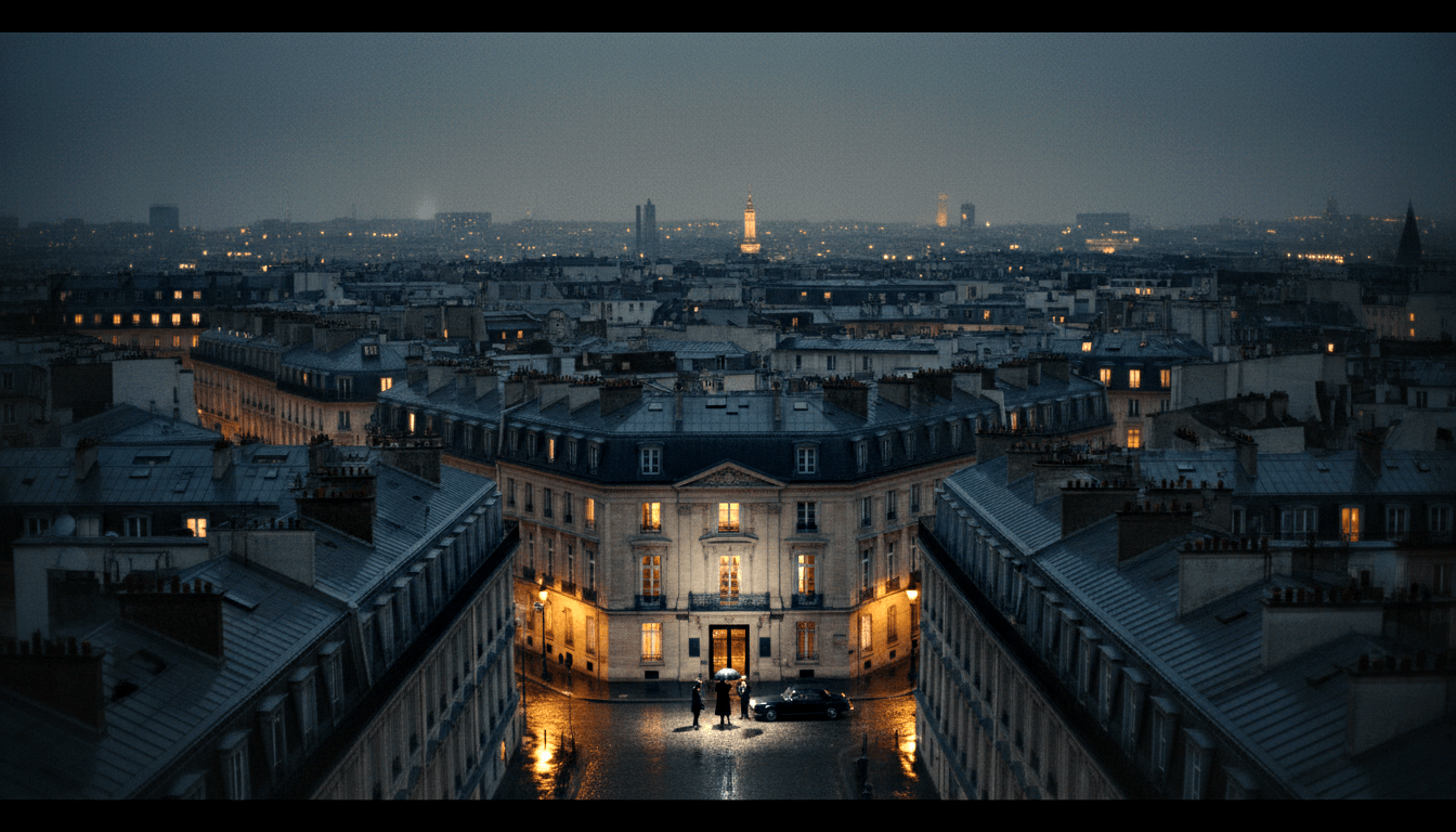 Aerial view of Haussmann building at rainy dusk, mansard roofs framing lit entrance, figures with umbrella on wet pavement.