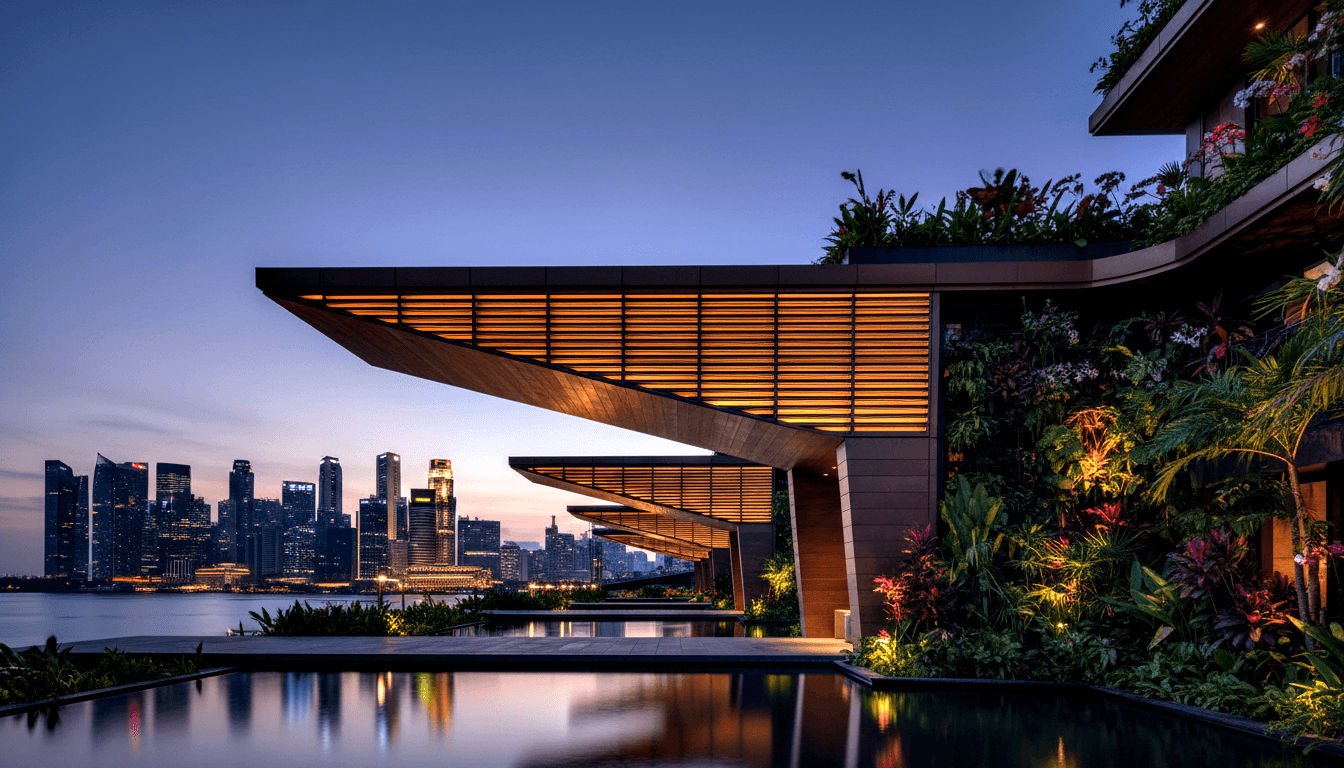 Cantilevered pavilion with amber-lit wooden louvre ceiling over a reflective pool, flanked by vertical garden walls with tropical blooms.