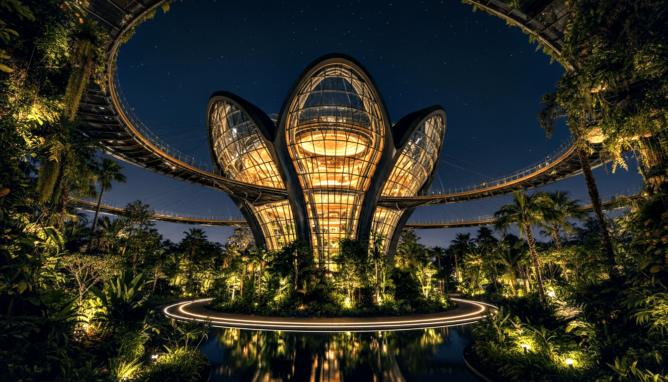 Lotus-shaped multi-story glass and dark metal structure glowing amber, with curved suspension walkways and uplit palm trees at night.