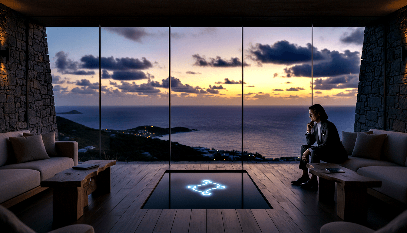 Man in dark suit sits pensively in modern interior with stone walls, wood floors, floor-to-ceiling glass, ocean dusk view.