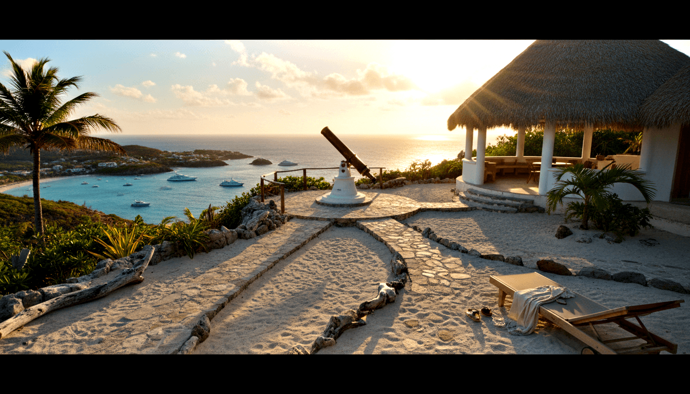Elevated terrace at golden hour overlooks turquoise bay with yachts, thatched gazebo, telescope on pedestal, agave plants.