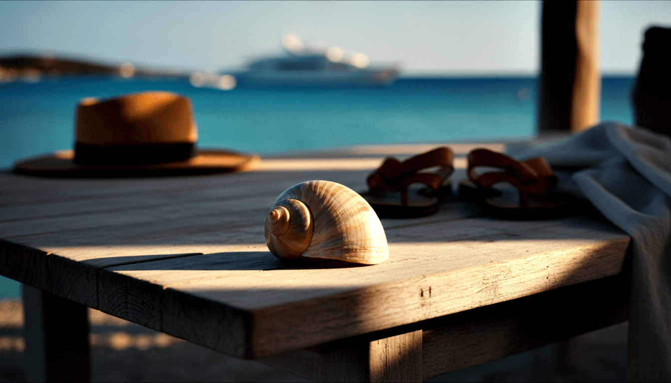Spiral seashell on weathered wood table with straw hat, leather sandals, grey cloth, and turquoise water with distant vessel.