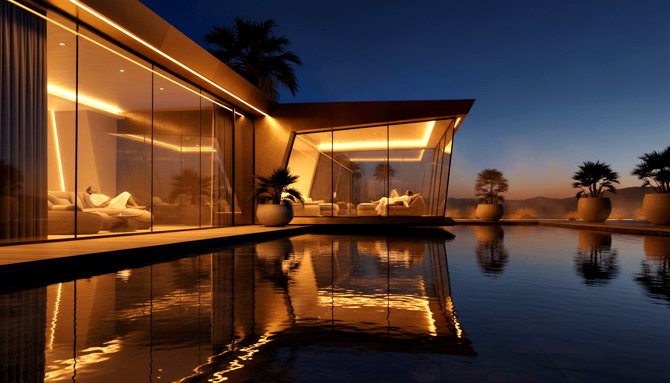 Modern villa with floor-to-ceiling glass walls glowing amber, cantilevered roof reflecting in a still pool at dusk, figures reclining inside.