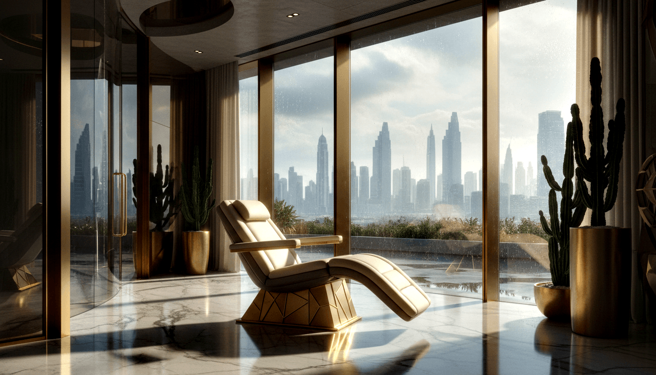 Cream reclining chair with gold geometric base on marble floor, gold-plantered cacti, glass walls with rainy city skyline.
