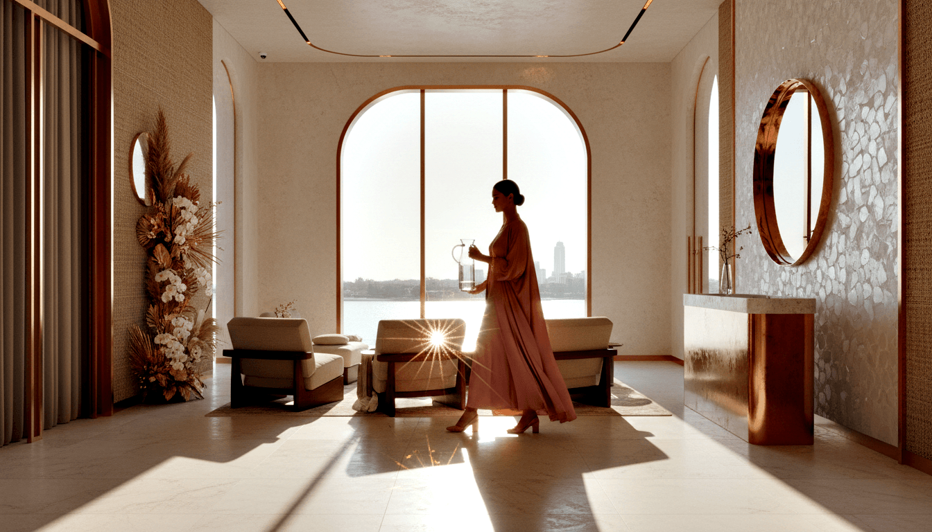 Woman in blush gown holding glass vessel walks through warm cream-and-copper room with arched window, starburst light, and waterfront skyline.