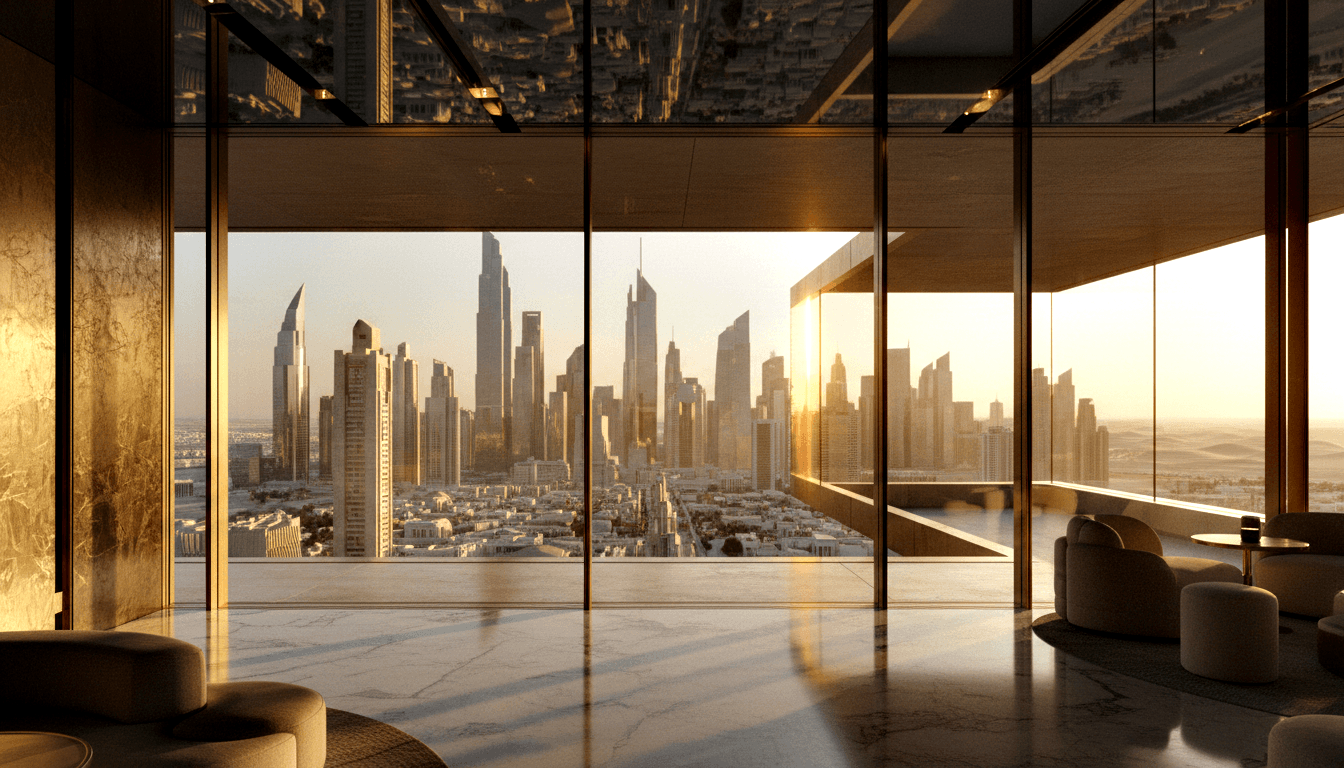 High-rise interior with floor-to-ceiling glass walls, amber light on marble floors, curved lounge chairs, and panoramic city view below.