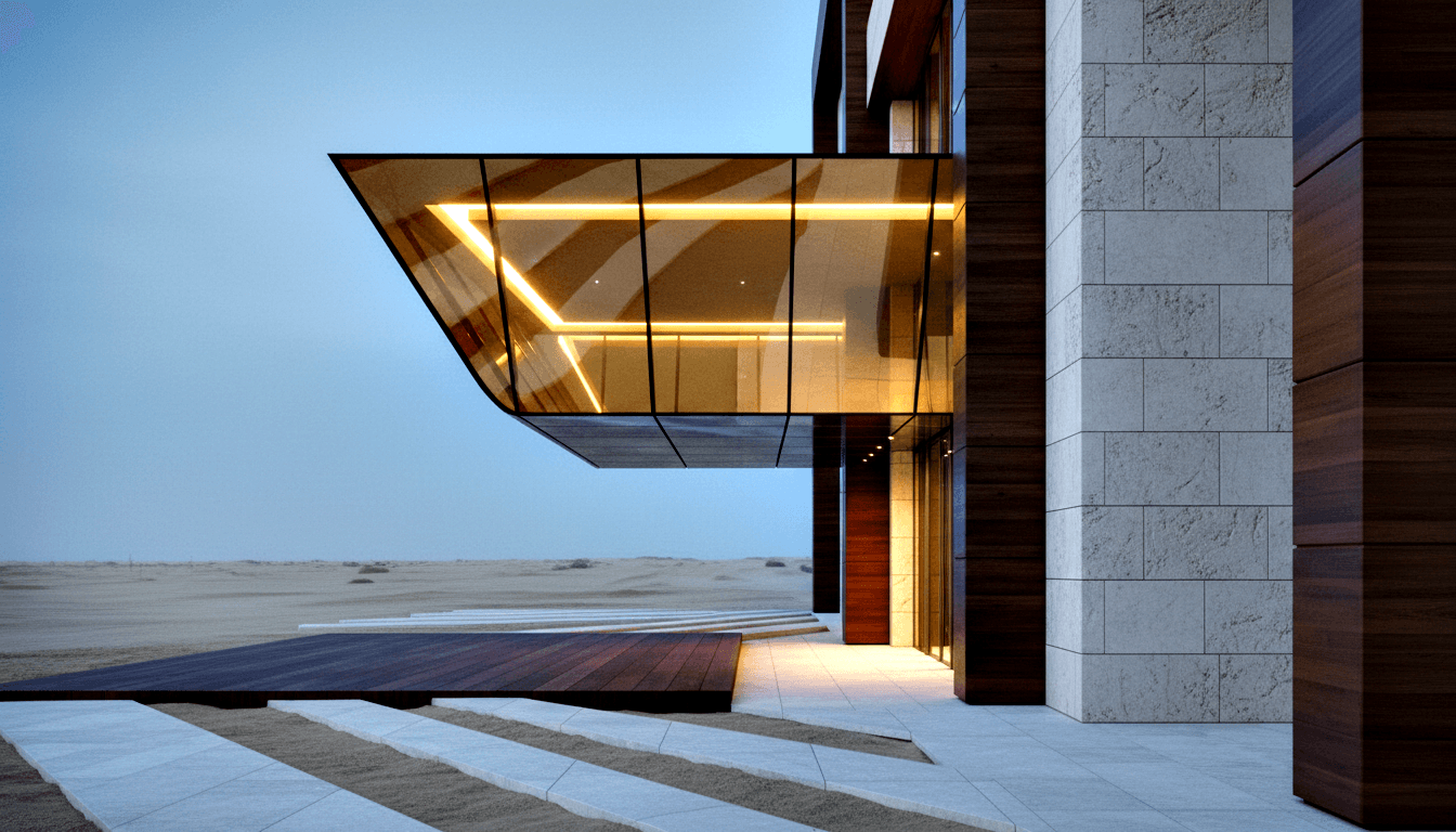 Villa entrance at dusk with faceted glass canopy lit by amber LEDs, reddish-brown wood and grey stone facade, striped stone paving.