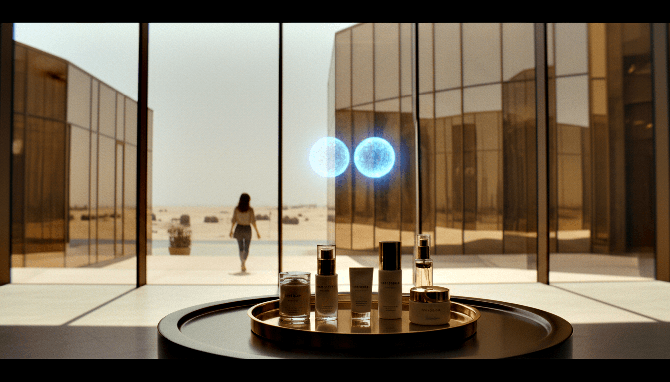 Gold-rimmed dark tray with cosmetics; blue glowing spheres float before amber glass, figure walks on sunlit terrace