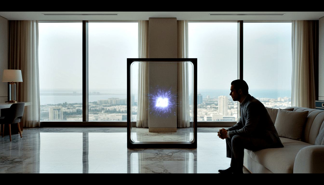 Silhouetted man on cream sofa faces glowing blue-white energy burst from dark device, floor-to-ceiling coastal windows behind.