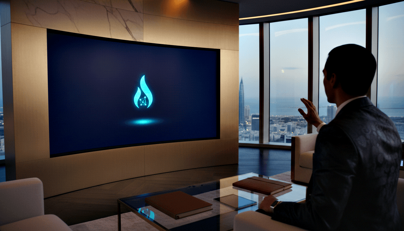 Man seen from behind gestures toward wall screen showing cyan flame and geometric network icon; city skyline visible at dusk through windows.