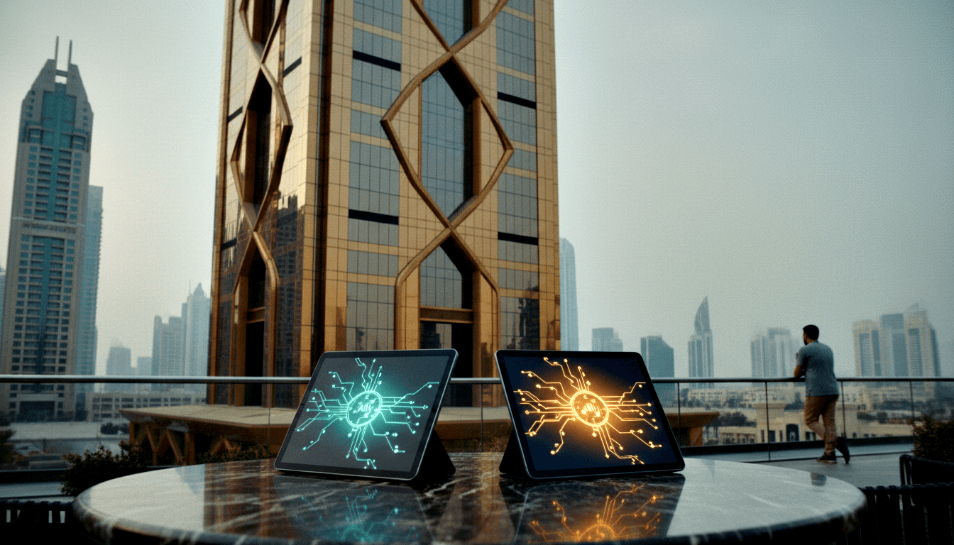 Two tablets on marble table showing cyan and amber circuit-board visuals; man in grey t-shirt stands at terrace edge facing hazy skyline.