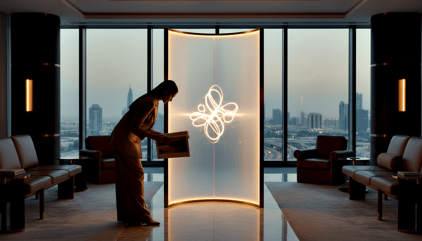 Woman in light top and wide-leg trousers leans toward a large curved frosted-glass panel glowing with an abstract looping floral pattern.